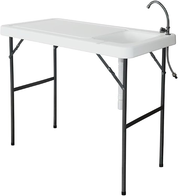 SSLine Portable Outdoor Fish Table Folding Camping Table with Sink Patio Picnic Cleaning Cutting Work Station Desk w/Quick Connect Faucet