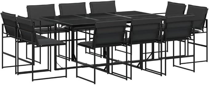 11 Piece Patio Dining Set with Cushions Black Outdoor Furniture for Garden Backyard Tempered Glass Table Textilene Chairs Folding Storage UV Resistant
