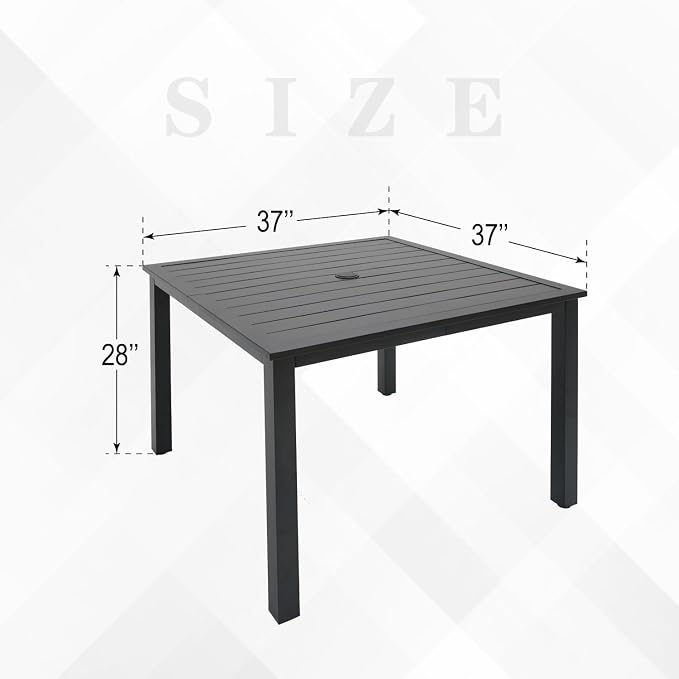 Anmutig Patio Table for 4, Metal Outdoor Dining Table with E-Coating, Square Steel Slated Outdoor Table with 1.57" Umbrella Hole for Garden Backyard, Black