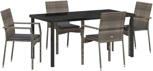 Afuera Living 5 Piece Poly Rattan Patio Dining Set with Cushions, Gray Finish, Tempered Glass Top, Weather-Resistant, Modern Outdoor Seating for Garden or Patio, Seating Capacity 4, Lightweight