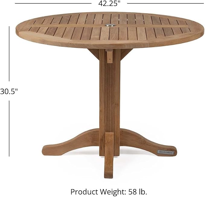 Ash & Ember Grade A Teak 42" Round Dining Table, Weather-Resistant Indoor Outdoor Bistro-Style Solid Wood Patio Furniture, Slatted Surface with Umbrella Hole, Fits 4 People Comfortably