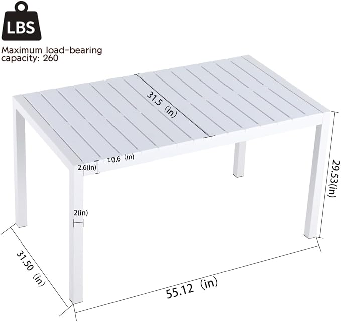 55 Inch White Modern Long Table, Indoor Outdoor Multi-Purpose Dining Table, Lightweight PP Tabletop with Metal Legs for Kitchen, Courtyard, Terrace Gatherings, Patio, Garden