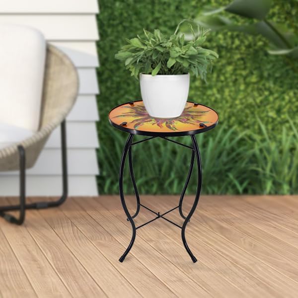 13.5 Inch Round The Sun Glass Side Table, Patio Small Table, Outdoor Side Table, Outdoor Bar Table, Metal Glass End Table for Porch Garden Patio Pool Living Room