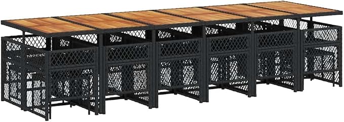 17-Piece Garden Dining Set with Large Rectangular Table Chairs and Stools, Modern PE Rattan and Acacia Wood Outdoor Furniture for Patio and Terrace, Black