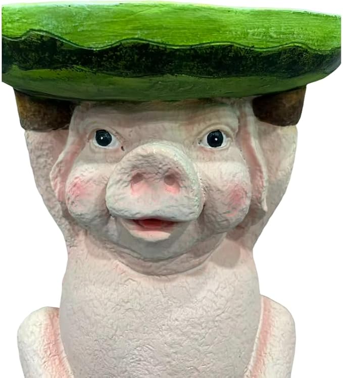 13.4" Cute Pig Side Table w/ Watermelon Top, Resin Plant Stand, Pink+Red | Multi-Functional End Table for Home Garden Patio, Weather-Resistant, Fun Novelty Decor Accent