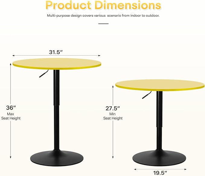 Athena Collection Bar Table Modern Round Cocktail Table Height Adjustable, Tall Bistro Pub Table with Sturdy Base, Suitable for Home, Kitchen, Pub, Restaurant, Yellow
