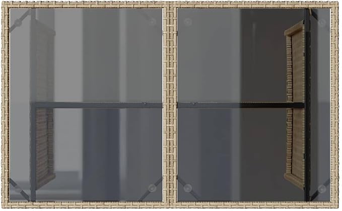 Modern Outdoor Dining Table with Tempered Glass Top and Beige PE Rattan Frame on Powder Coated Steel Base for Patio Garden, 43.3 Inch Long 26.8 Inch Wide