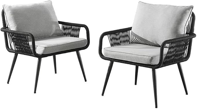 Andover All-Weather Outdoor Set, Two Rope Chairs, Light Gray Cushions, Poly Fiber Stone-Look Cocktail Table, 27 in. W x 27 in. D x 29 in. H Chairs, 18 in. W x 18 in. D x 18 in. H Table