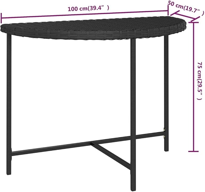 Wicker Half-Moon Patio Table, Half-Round Rattan Bistro Table, Black 39.4"x19.7"x29.5" Poly Rattan, -282