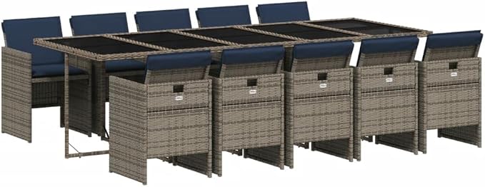 11 Piece Garden Dining Set with Cushions, Grey Poly Rattan Outdoor Patio Furniture for 10 People, Tempered Glass Table with Folding Chairs, UV-Resistant Weatherproof Dining Set 275 106 73 cm Table