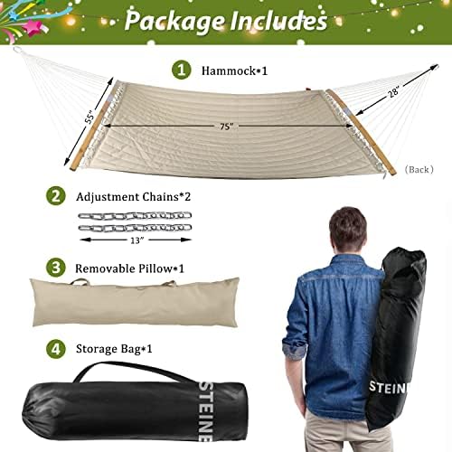 2 Person Hammock with Hanging Kits, Quilted Hammock for Tree with 2 Pcs Heavy Duty Stainless Steel S Hooks, 1 Detachable Pillow, Curved Spreader Bar,Chains, Carrying Bag,450 LBS Capacity