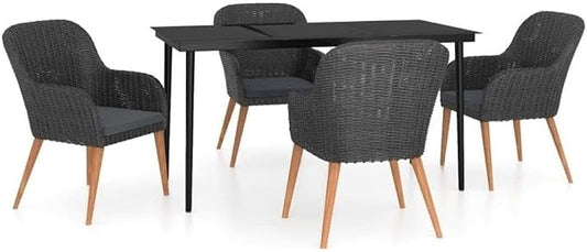 BOWERY HILL Contemporary Patio Dining Set, Weather-Resistant PE Rattan and Steel Frame, Black Finish, 5-Piece, Rectangular Table with 4 Cushioned Chairs, Modern Garden or Terrace Furniture for
