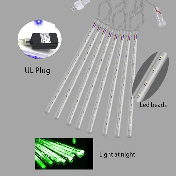 Weepong Halloween Lights Outdoor, Meteor Shower Christmas Lights for Halloween Decorations, 8 Tube 192 LED Snow Falling Rain Icicle String Light for Xmas Christmas Decor Tree Party, UL Plug Green