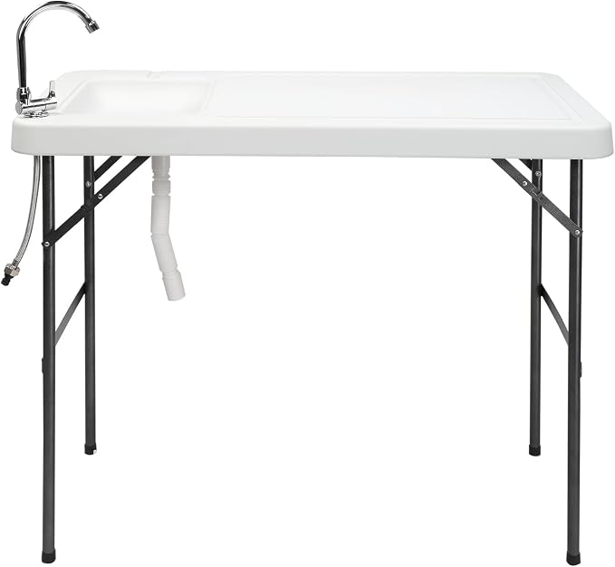 Outdoor Sink Fish Cleaning Table,Folding Fish Cleaning Table, Portable Camping Tables,Portable Camping with Cutting Tables with Sink Faucet,Outdoor Fillet Station for Picnic, White