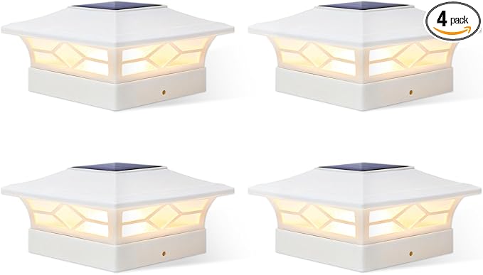 JOFIOS Solar Fence Post Lights 4pack, Cap Lights for 4x4/5x5 Vinyl Fence and 4x4/6x6 Wooden Post, Warm White/Cool White Lighting, White Solar Cap Outdoor Waterproof Decorate Garden Pathway Dcek Patio