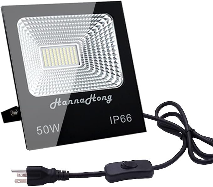 50W LED Flood Light Plug in with Switch,Cool White,Security/Work/Plant Grow Outdoor Light,IP66 Waterproof,Reflector Exteriore Spotlight for Porch, Garage,Patio,Yard,Garden