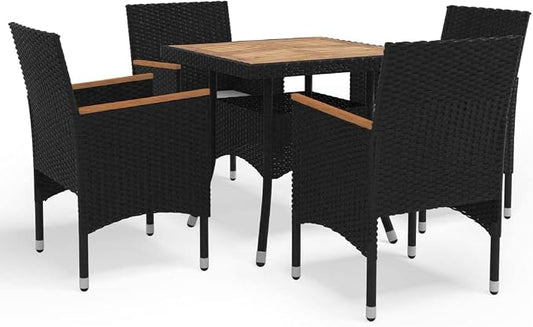 5-Piece Black Poly Rattan Dining Set with Removable Covers, Weather-Resistant Outdoor Furniture and Sturdy Metal Frame for Patio or Garden