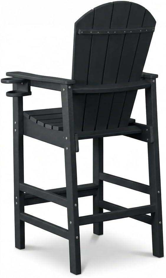 WILLIAMSPACE Patio Bar Chair Bar Stool, Outdoor All Weather HDPE Height Adirondack Chair with Armrests & Cup Holder, 1-Piece Counter Height Chair for Pool, Garden, Kitchen, ONLY 1 Chair (Black)