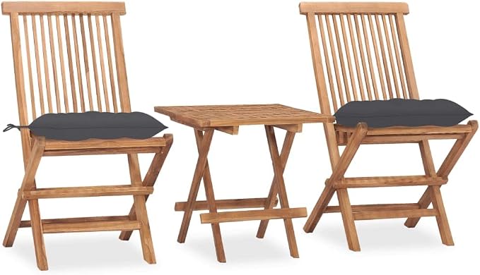 3 Piece Folding Patio Dining Set, Solid Teak Wood Garden Furniture with Anthracite Cushions, Small Space Balcony Bistro Table and Chairs