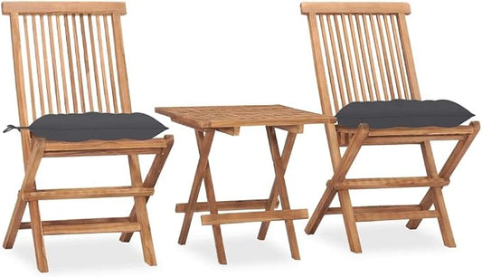 3 Piece Folding Patio Dining Set, Solid Teak Wood Outdoor Bistro Furniture Set with Anthracite Cushions, Small Square Folding Table and 2 Chairs for Garden, Terrace and Balcony