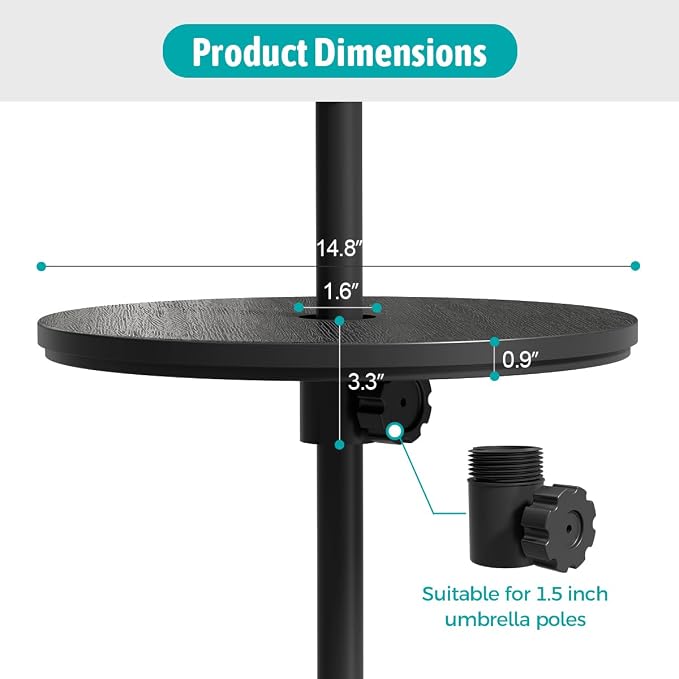 Patio Umbrella Table Tray with 1.5" Hole, Plastic Outdoor Side Table with Adjustable Knob, All-Weather, for Poolside, Backyard, Deck, 2pcs, Black