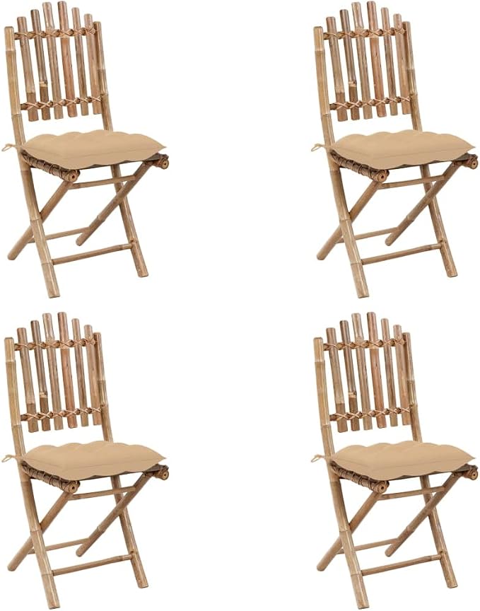 5 Piece Bamboo Folding Patio Dining Set with Cushions, Waterproof Outdoor Table and 4 Chairs for Garden Porch, Beige Seat Cushions Included, Space-Saving Alfresco Furniture