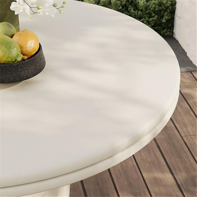 Pemberly Row Concrete Round Top Dining Table, 48 Inch White Finish, Contemporary Indoor Outdoor Design, Double Lip Edging, Cylindrical Base, Seats 2-4, Patio or Dining Room Table for Modern Spaces