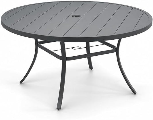 VICLLAX 53" Outdoor Round Patio Table for Lawn Garden, All Weather Metal Round Patio Dining Table with Adjustable Umbrella Hole, Patio Table for 8 Person, Grey