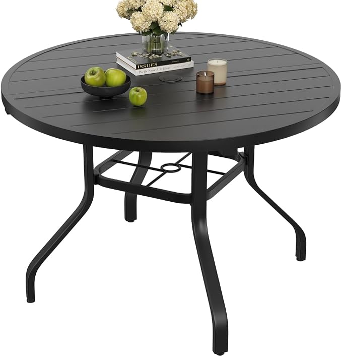 41" Round Outdoor Dining Table, Wood-Like Grain with 1.57" Umbrella Hole, for Backyard and Poolside (Black + Metal & Wood)