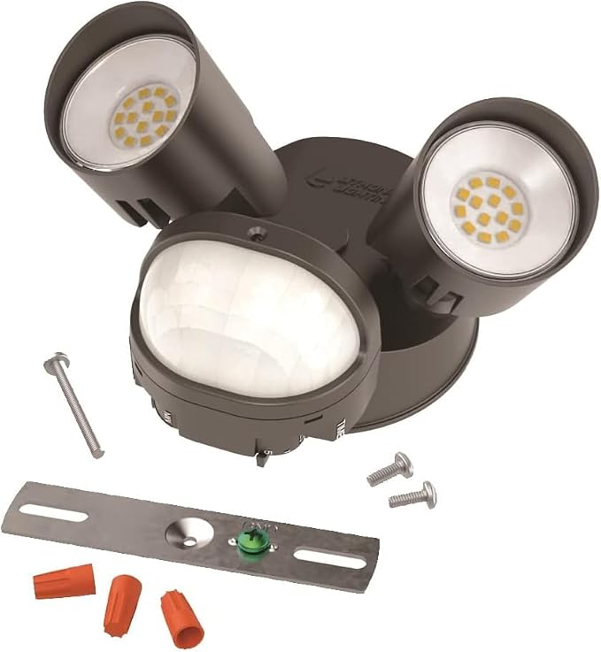 Lithonia Lighting HomeGuard 2-Light LED Outdoor Flood Lights, Motion Sensor | Dark Bronze Motion Sensor Outdoor Lights with Dusk to Dawn, 4000K Cool White, Round Heads (HGX LED 2RH 40K 120 MO DDB M2)