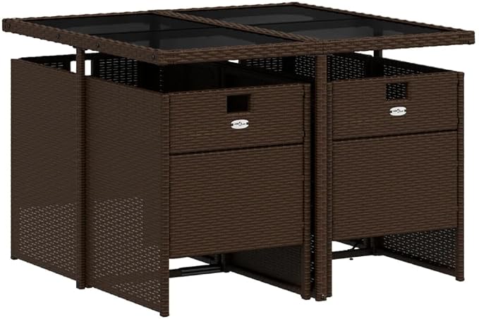5 Piece Patio Dining Set with Cushions Brown Poly Rattan Outdoor Table and 4 Folding Chairs with Removable Washable Seat Cushions Tempered Glass Top UV Proof Garden Furniture for Backyard Deck Lawn