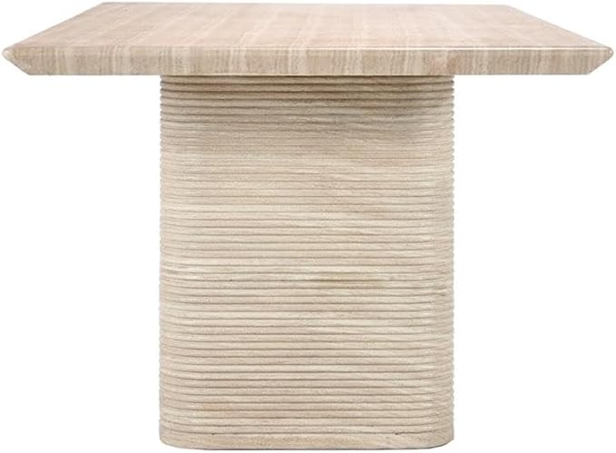 Pemberly Row 87" Travertine Beige Stripped Stone Outdoor Dining Table, Glass Fiber Reinforced Concrete, Seats 8, Horizontal Ridged Base, Block Legs, Contemporary Design for Patio Dining