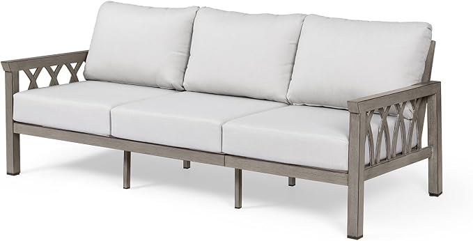 Outdoor Aluminum 3-Seat Sofa, Patio Couch with 5.9'' Thick Cushions, Weather-Resistant Outdoor Club Sofa Couch, Modern 3 Seats Outside Sofas Furniture for Garden, Porch, Balcony, Limed Oak