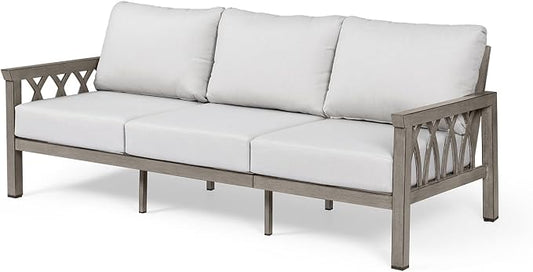 Outdoor Aluminum 3-Seat Sofa, Patio Couch with 5.9'' Thick Cushions, Weather-Resistant Outdoor Club Sofa Couch, Modern 3 Seats Outside Sofas Furniture for Garden, Porch, Balcony, Limed Oak