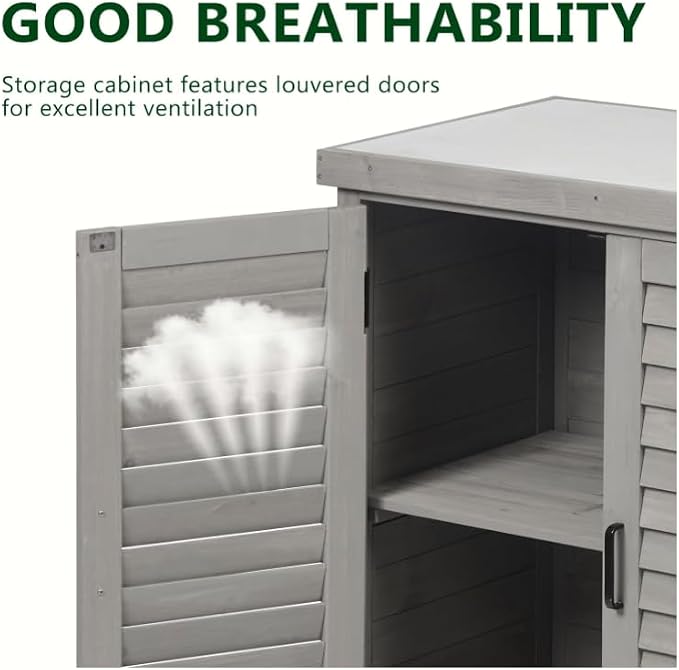 Sturdy Potting, Outdoor Storage Cabinet, Solid Wood Work Table, Metal Top, Louvered Doors, Magnetic Door, Gray, 31.5 17 36 Inch
