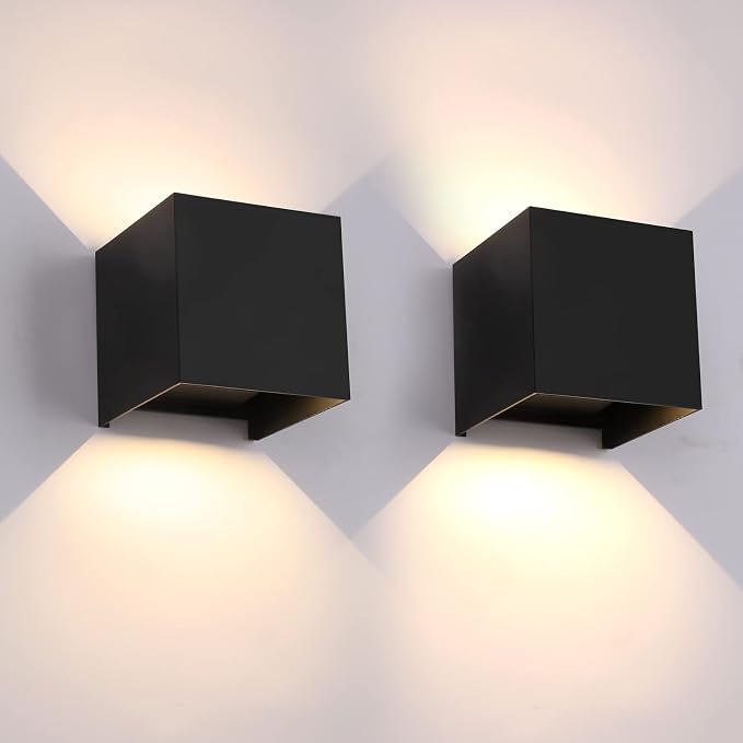 Mille Lucciole 12W 2Pack Outdoor Wall Lights Exterior/Interior,LED Black Outdoor Wall Sconces Light Fixtures Modern,IP65 Waterproof Square Aluminum Wall Lamps, Up and Down Lights 3000K Warm Lights