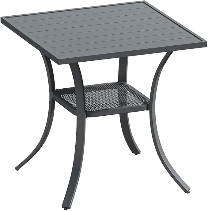 DIFY 27.6" Small Square Outdoor Dining Table for 2, Slatted Metal Patio Table with Storage Shelf, All-Weather Patio Dining Table for Garden Backyard Deck, Grey Tabletop
