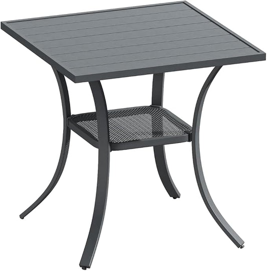 DIFY 27.6" Small Square Outdoor Dining Table for 2, Slatted Metal Patio Table with Storage Shelf, All-Weather Patio Dining Table for Garden Backyard Deck, Grey Tabletop