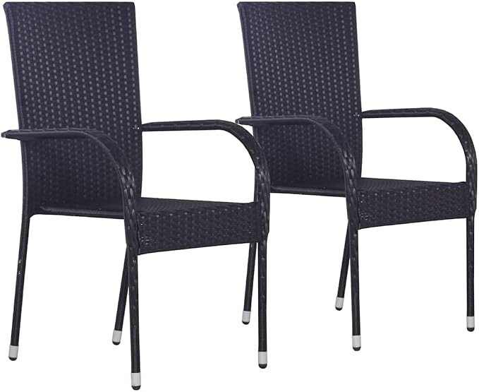 3-Piece Black PE Rattan Outdoor Bistro Set with Glass Top Table | Features space-saving stackable chairs and a weather-resistant steel frame for patio, balcony, or backyard dining.