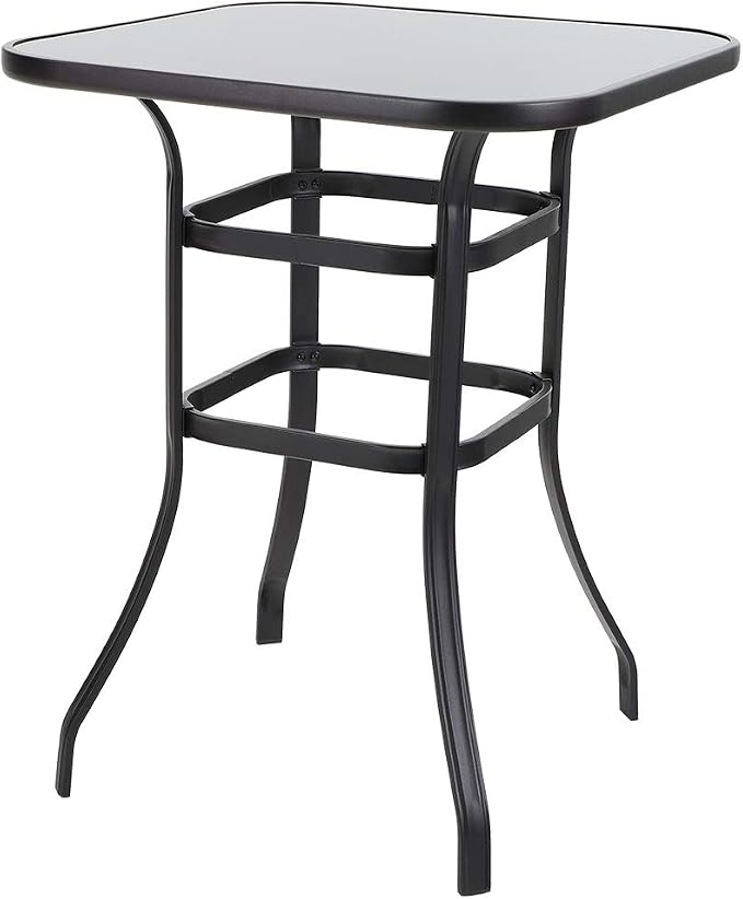 PHI VILLA Outdoor Bar Table, Bar Height Tall Patio Bistro Table, Metal Frame Tempered Glass Table High Top (Black)