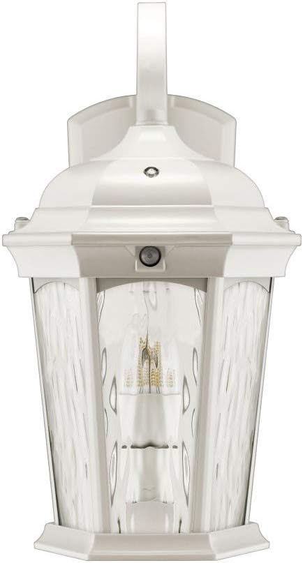 Euri Lighting EFL-140W-MD Flickering Flame Lantern, Water Glass, with Integrated Security Light (3000K), Photocell and Motion-Sensor (Dusk-to-Dawn), White Housing