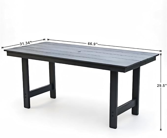 KEIKI 66.9" HDPE Outdoor Table, All Weather Patio Table with Umbrella Hole, Waterproof & Fade Resistant, Wood Grain Finish, Easy Assembly Patio Furniture for Garden Balcony Poolside Backyard, Grey