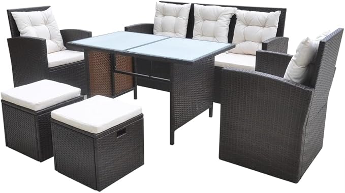 6 Piece Patio Dining Set with Cushions Poly Rattan Brown for Outdoor Garden Porch, 7-Person Rattan Furniture with Tempered Glass Table, Armchairs, Footrests, Weatherproof Seating