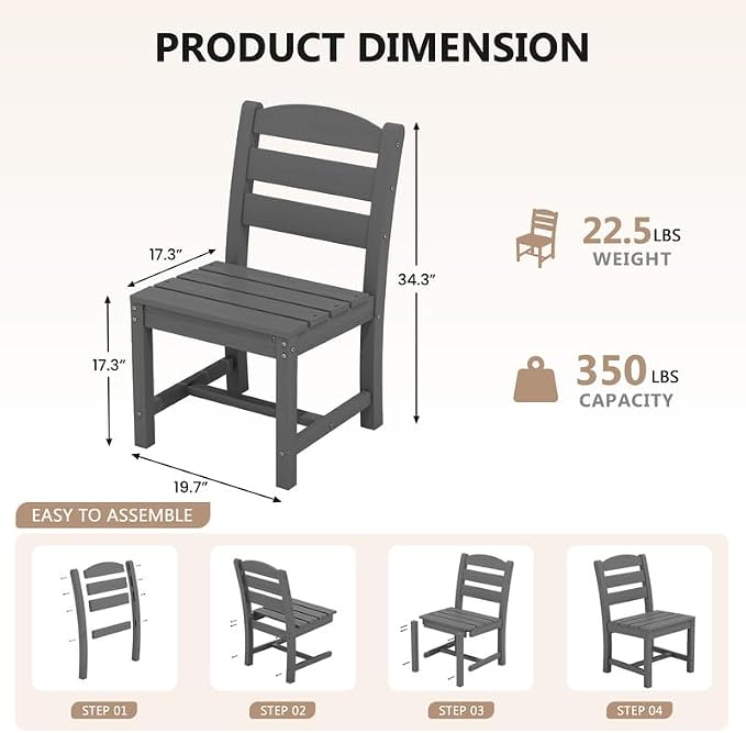 KINGYES 8-Piece HDPE Outdoor Dining Set for 6, Square Patio Table & Armless Chairs with Umbrella Hole, All-Weather Patio Dining Set for Backyard, Garden, Lawn & Poolside, Gray
