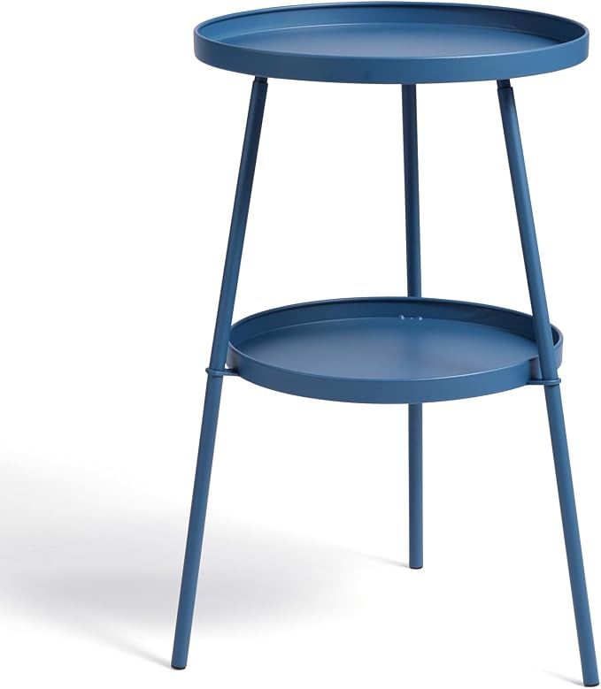 Outvita Outdoor Round Side Table, Small Metal End Table Black Coffee Table for Patio Lawn Garden Living Room Bedroom Sturdy (Double Layer, Navy Blue)