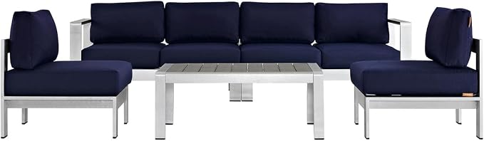 Modway Shore 5-Piece Aluminum Outdoor Patio Sectional Sofa Set in Silver Navy