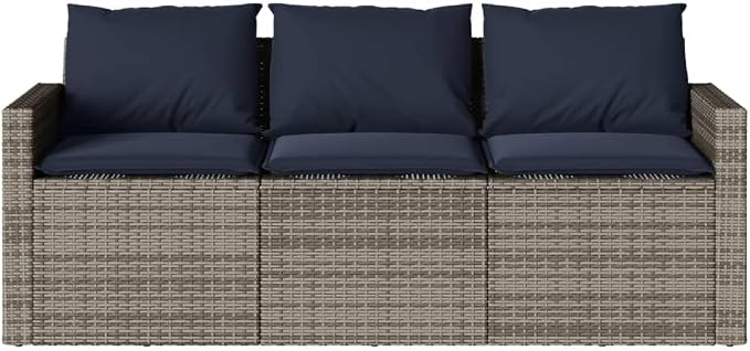 2 Piece Patio Dining Set with Cushions Gray Poly Rattan Outdoor Bistro Table and 3-Seater Sofa Set for Garden Backyard Deck, UV-Proof Acacia Wood Top, Removable Washable Cushion Covers