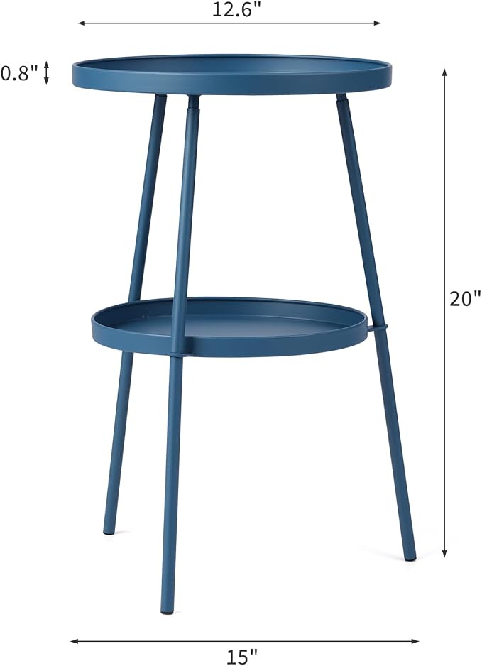 Outdoor Side Table 2 Tier End Table Metal Round Coffee Tables Nightstand for Small Spaces Indoor Outdoor and Living Room Bedroom or Office (Blue)