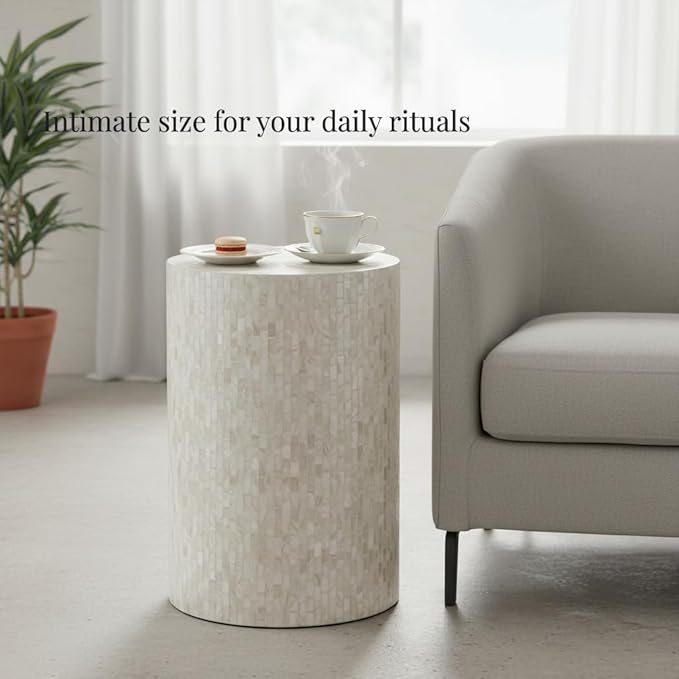 PEMAR Mother of Pearl Cylinder Drum End Table Nacre Side Stool Round Accent Table Coffee Bedside Nightstand and Vanity Stool 13" Diameter x 19.3" High Pearl White & Cream