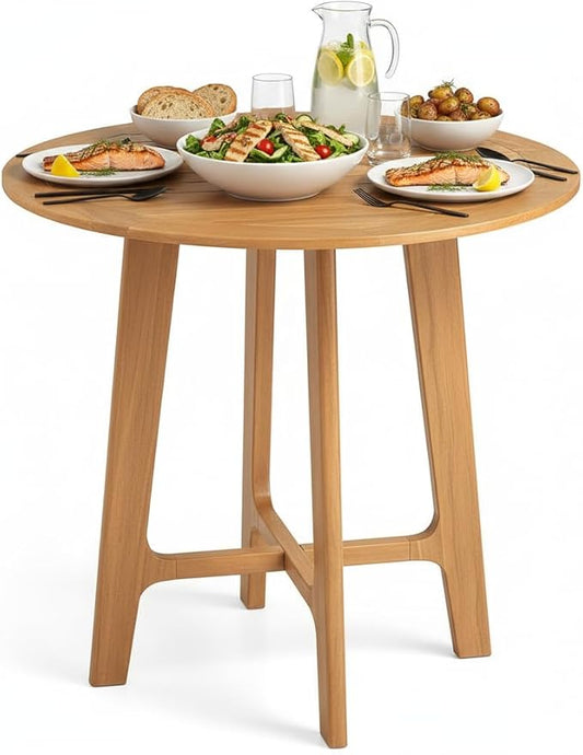 Tangkula 31.5" Round Patio Dining Table, Teak Wood Outdoor Dining Table with Slatted Tabletop, X-Shaped Frame & 4 Sturdy Supporting Legs, Indoor or Outside Table for Deck, Garden, Poolside & Backyard